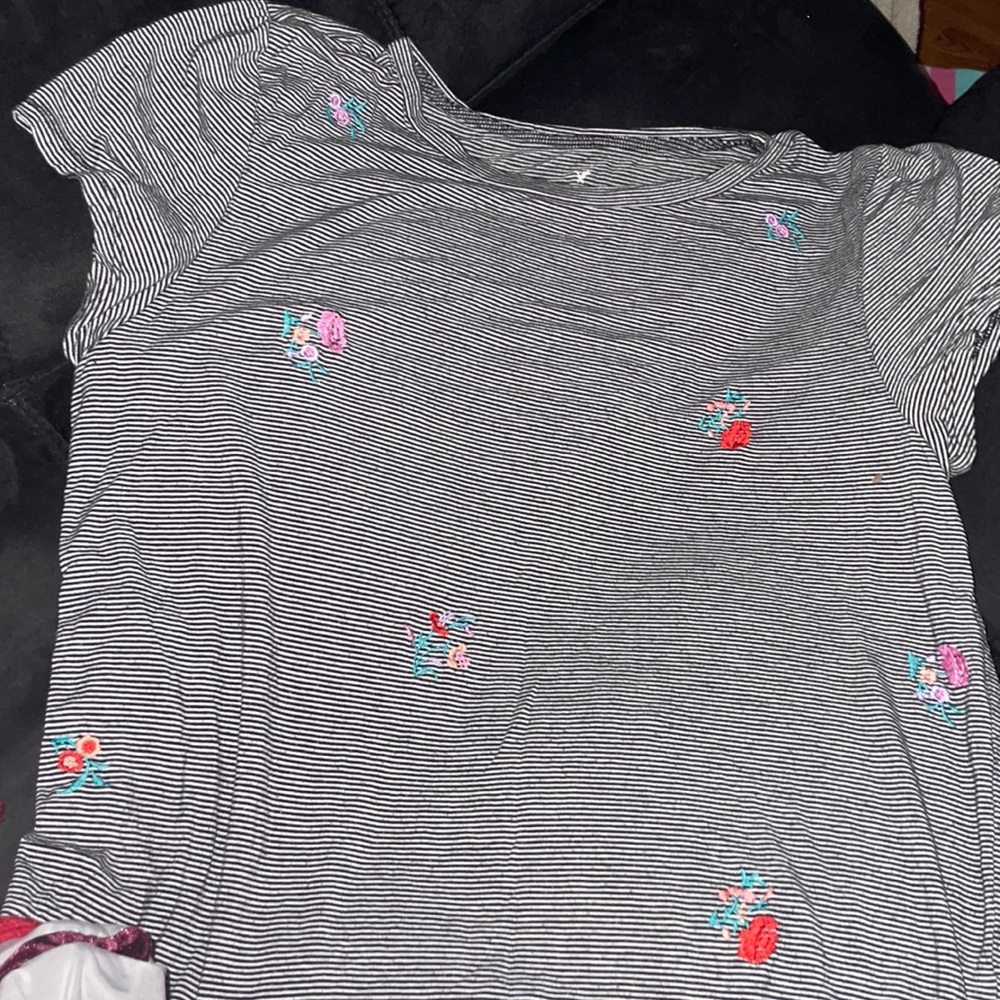 soft black and white stripe top with pink and red flowers